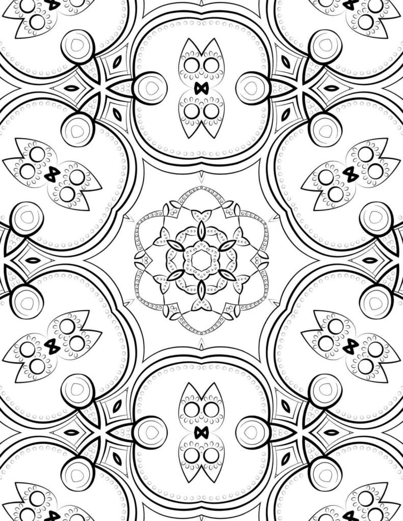 Black and white mandala featuring symmetrical owl motifs, circular patterns, and soft geometric frames for fun, mindful coloring.