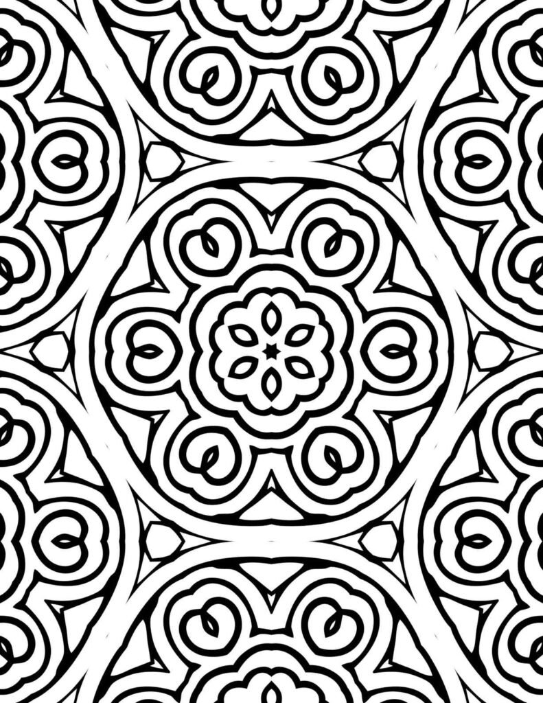Black and white mandala design featuring swirling spirals, petal loops, and symmetrical floral curves arranged in a repeating circular pattern.