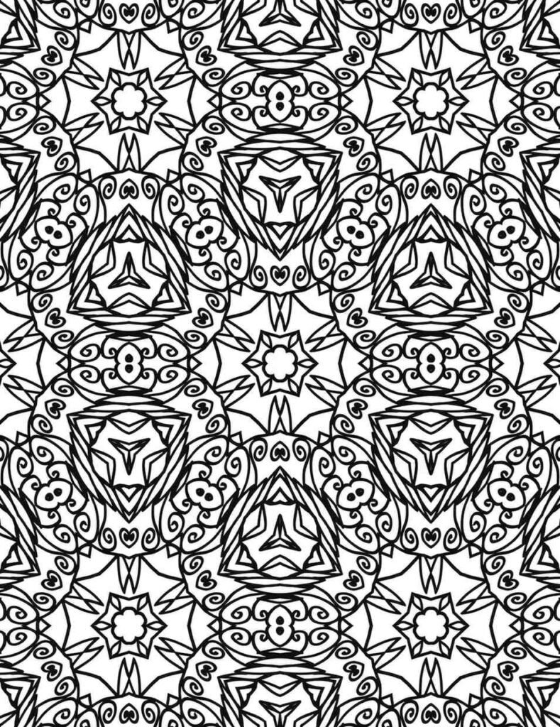 Whimsical black and white star mandala with swirling tendrils and heart accents for coloring and creative inspiration