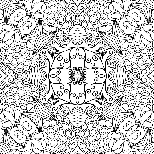 Detailed black and white mandala design with playful swirls, floral-like clusters, and a central ornate motif, perfect for adult coloring.