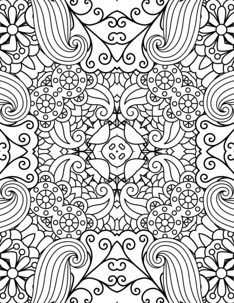 Whimsical waves mandala with swirling patterns and floral accents for coloring and relaxation