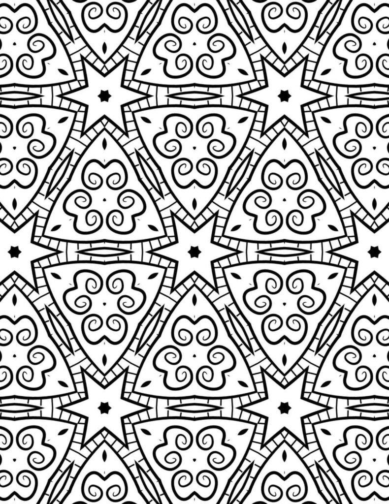 Black and white mandala featuring swirling heart-like florals in triangular frames with bold star accents
