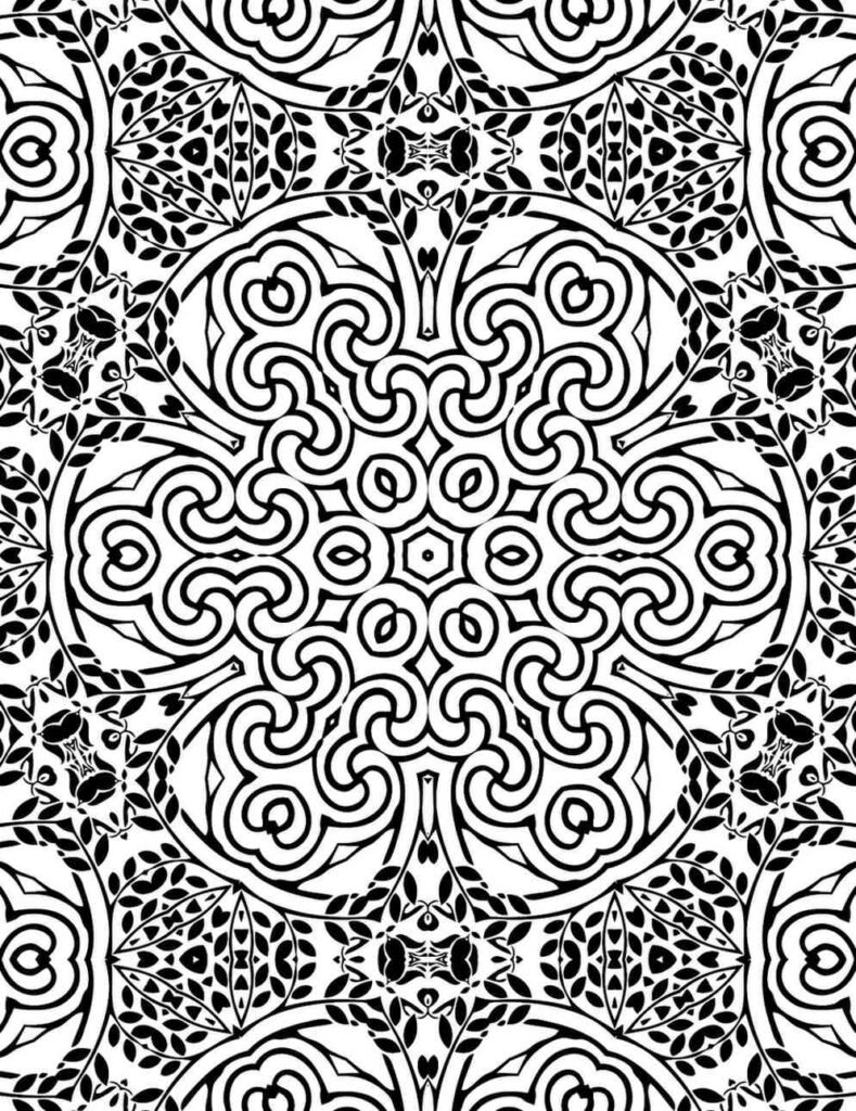 Intricate black and white mandala with swirling loops and floral leaf patterns for coloring and mindfulness