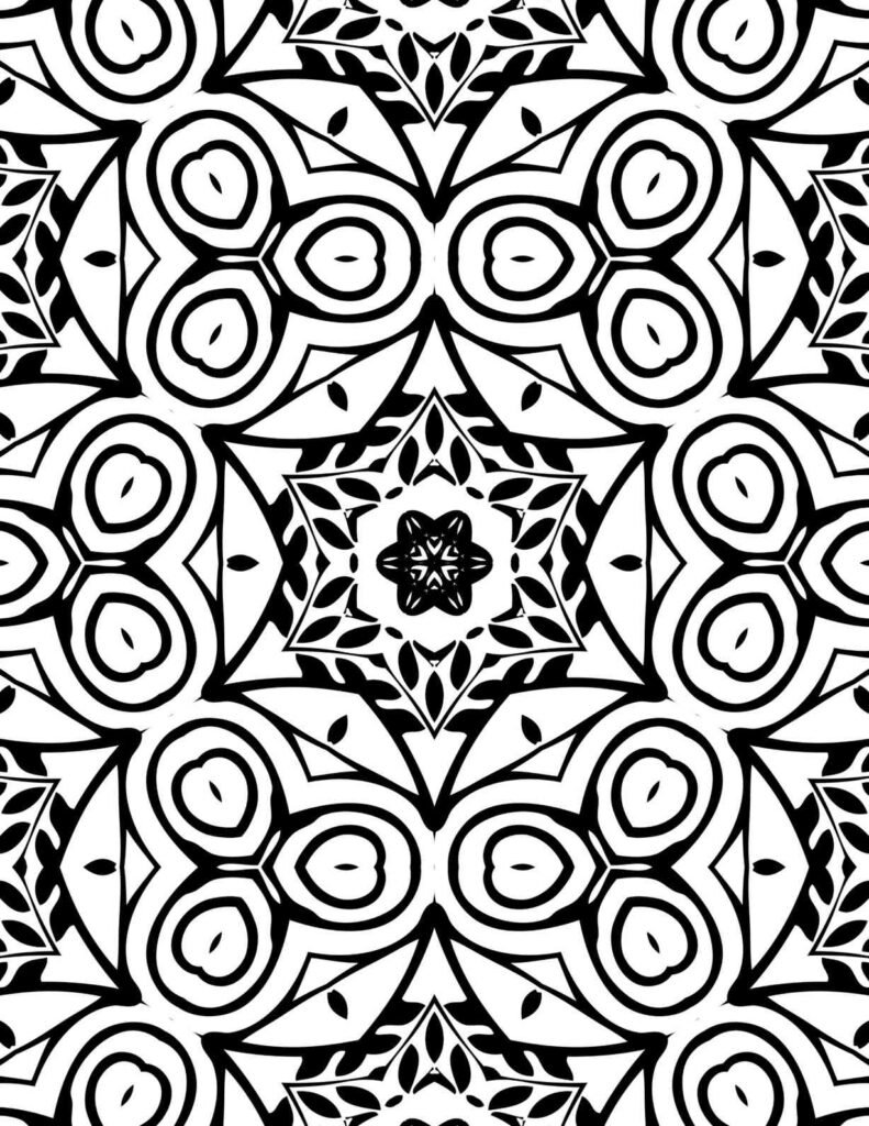 Black and white floral mandala design with concentric petal patterns and stylized star-shaped centers in a repeating layout