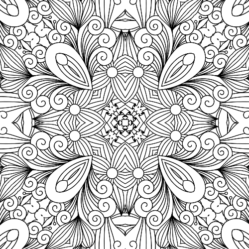 Symmetrical mandala design with swirling petal shapes and concentric layers, ideal for mindful coloring and artistic relaxation