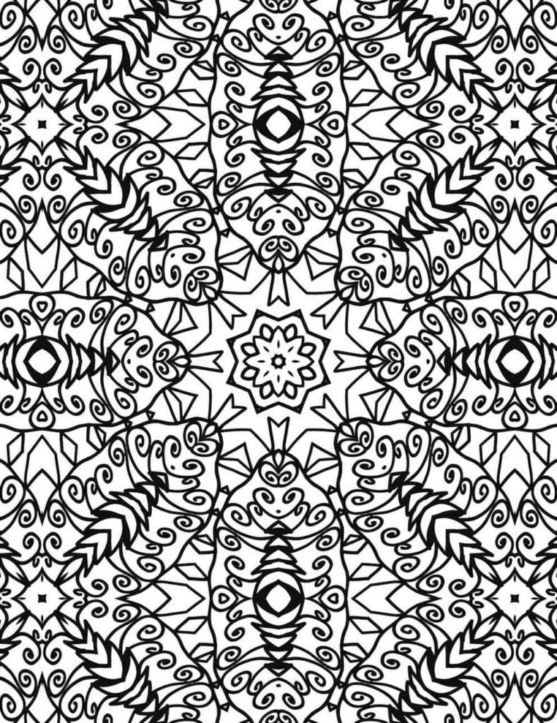 Detailed black and white mandala with swirling organic lines, geometric accents, and repeating patterns, ideal for mindful coloring and stress relief.