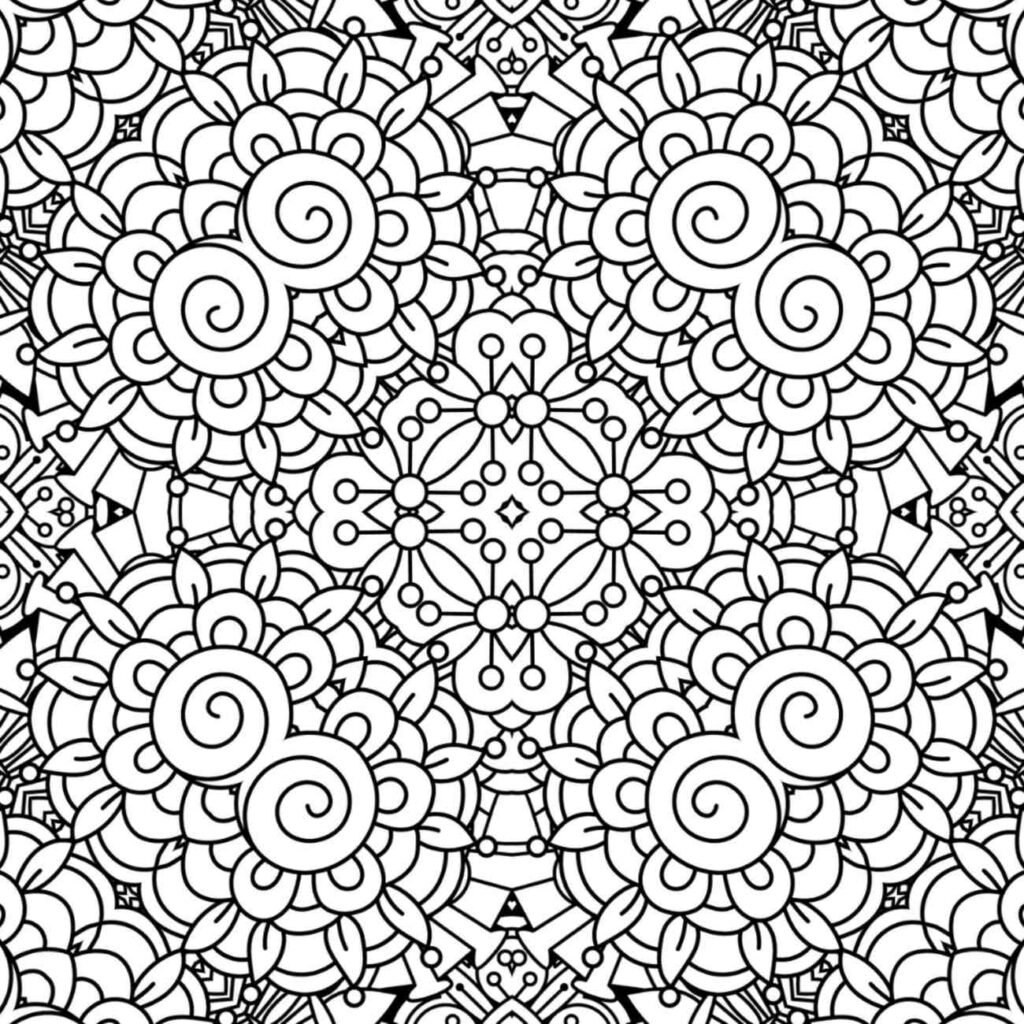 Beautiful floral mandala coloring page with prominent spiral flowers, intricate petals, and symmetrical patterns.