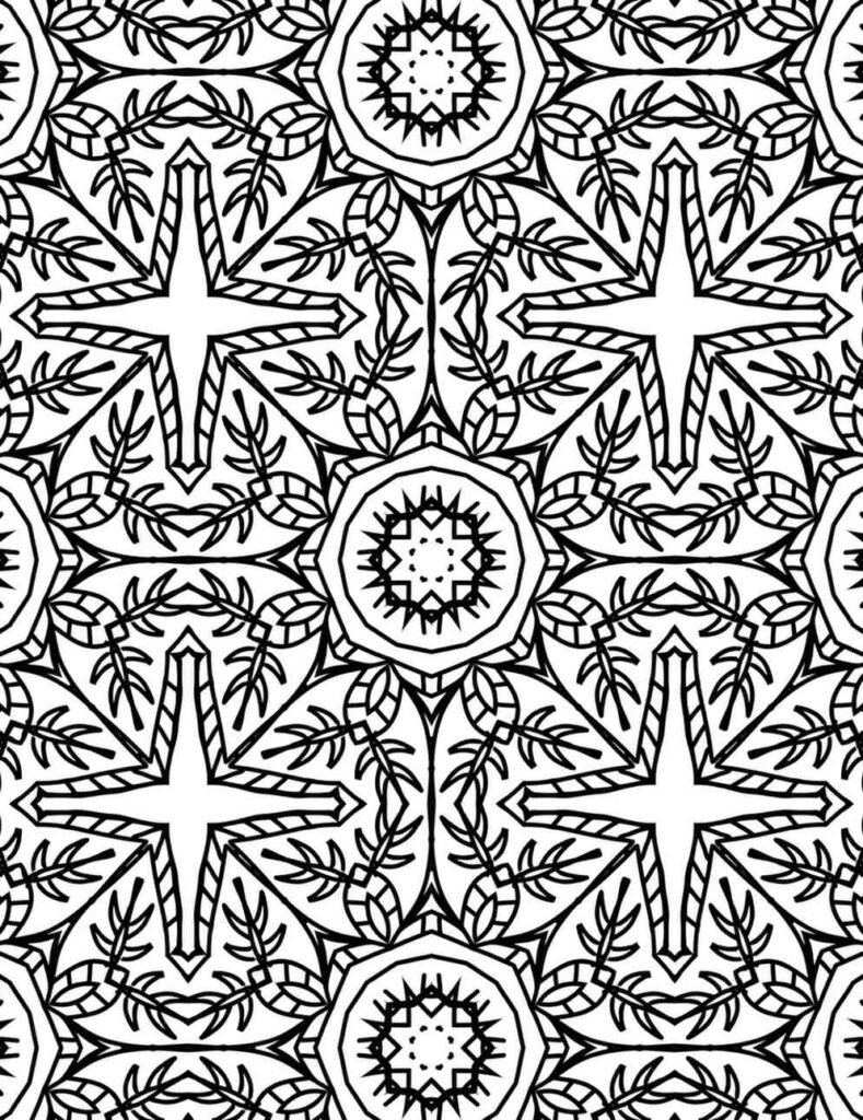 Free printable whispering leaves mandala coloring page with intricate botanical patterns, leafy motifs, and star shapes for nature-inspired mindfulness and adult relaxation.