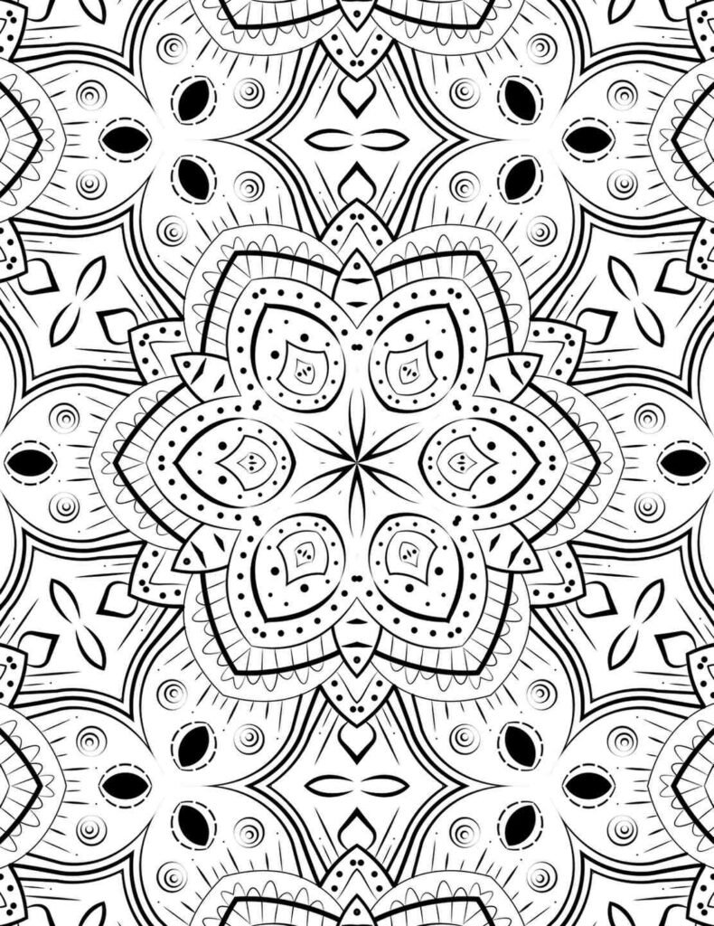 Intricate floral mandala with delicate petals and dot work, ideal for adult coloring and meditation.