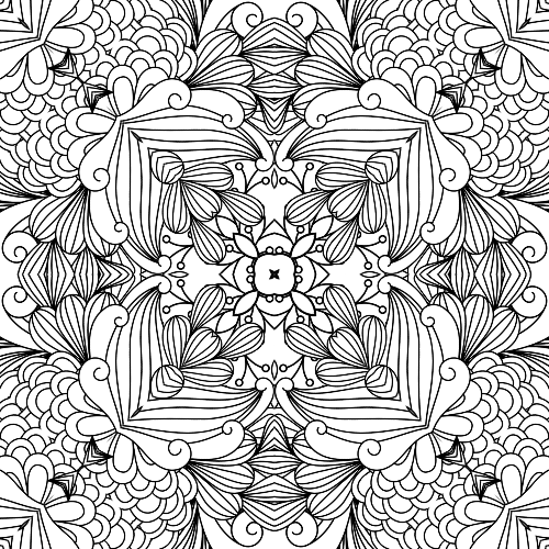 Delicate black and white mandala featuring intricate flowing lines, swirling patterns, and soft petal-like shapes for relaxing coloring.