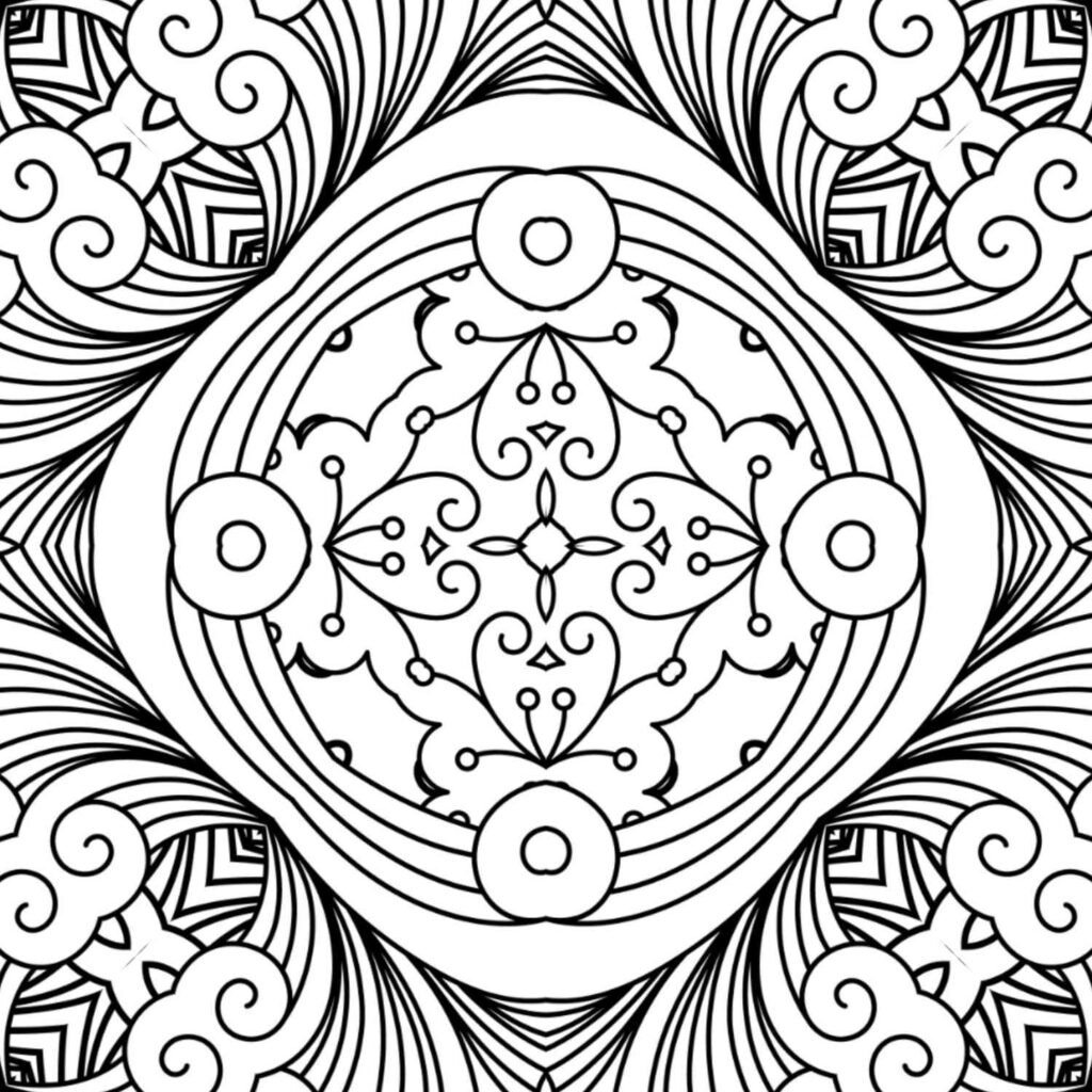 Symmetrical square mandala with a central diamond pattern, intricate swirls, and flowing wave-like lines, perfect for detailed coloring and meditation.