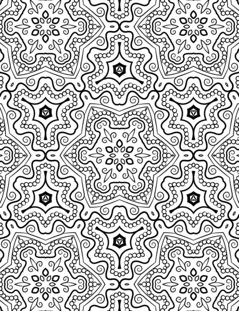 Black-and-white mandala with floral centers, swirling wave patterns, beaded borders, and geometric accents, perfect for coloring and relaxation.