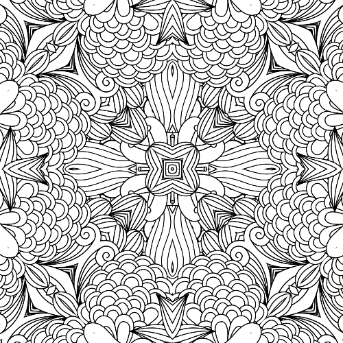 Zen-inspired whispering waves mandala coloring page with central diamond, radiating linear patterns, and textured scallop designs.