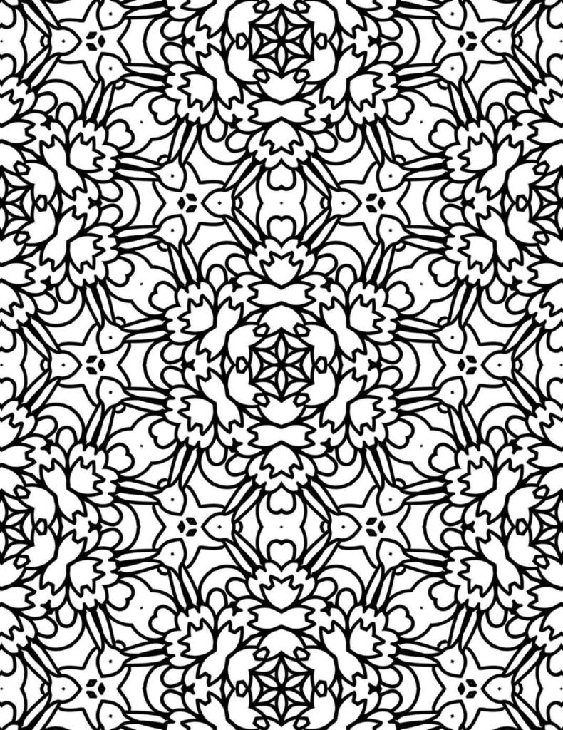 Black and white mandala coloring page featuring fluid, organic shapes reminiscent of leaves and petals carried by the wind, with a central six-pointed star and interconnected flowing lines, promoting creative meditation.