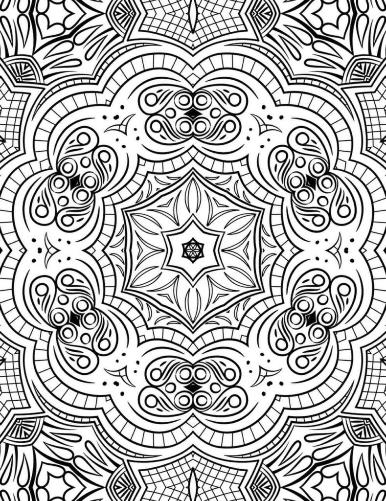Intricate black and white mandala with floral and tribal patterns for adult coloring and meditation