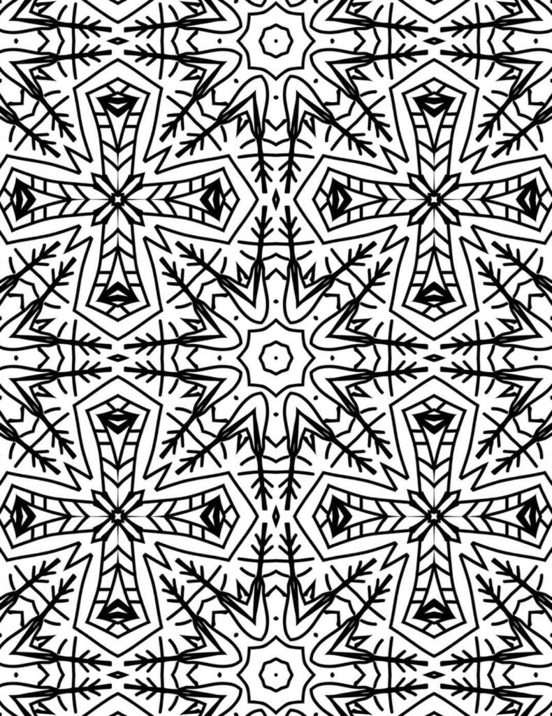 Free printable winter starburst mandala coloring page with intricate snowflake-like patterns, angular designs, and delicate details for mindful relaxation and adult art.