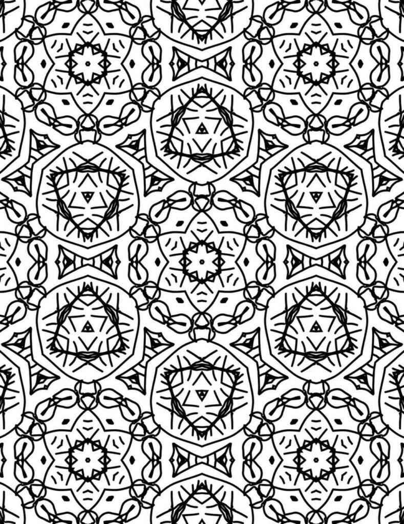 Intricate black and white woven diamond mandala for coloring and stress relief