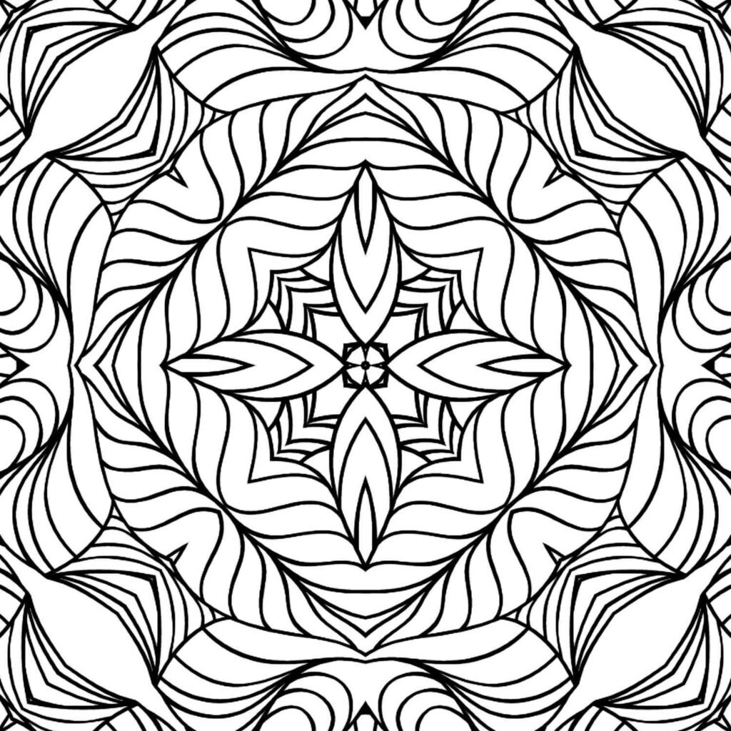 Symmetrical square mandala with a prominent central star, intricate wavy lines, and organic, flowing patterns, perfect for mindful coloring.