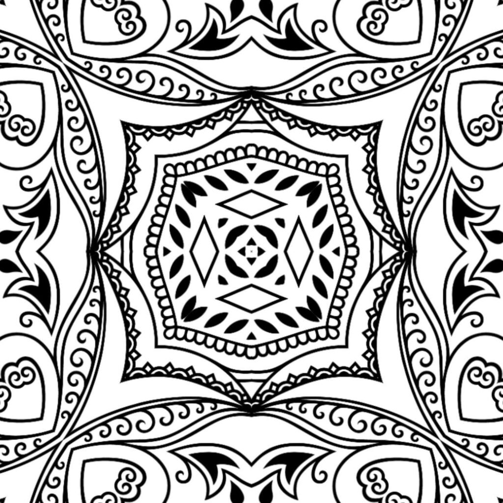Square mandala with floral and scroll patterns, symmetrical black and white line art for coloring, relaxation design.
