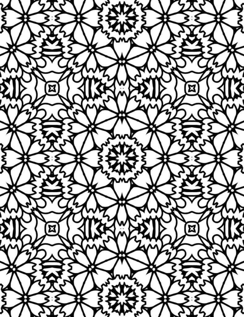 Symmetrical black and white mandala with repeating floral clusters and intricate geometric details, perfect for mindful coloring.