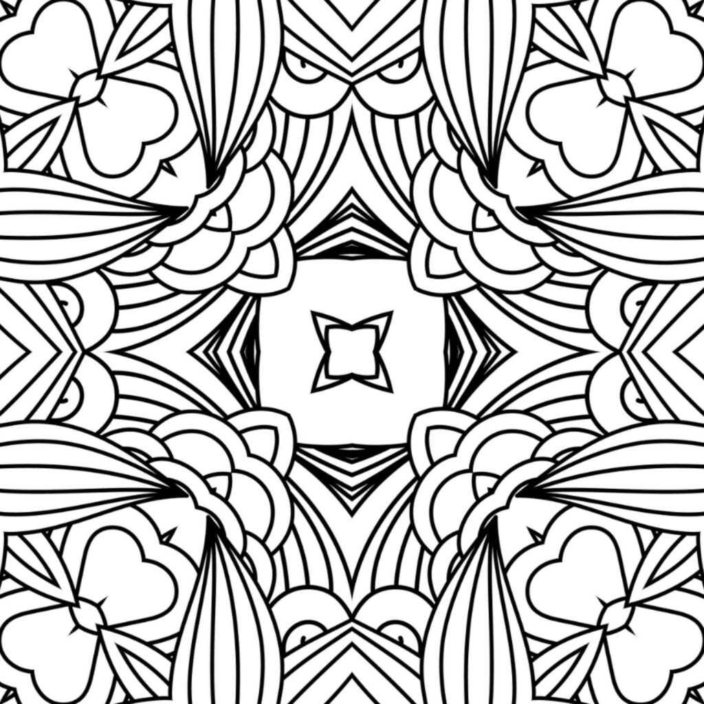 Symmetrical square mandala design featuring a central geometric star, flowing petal shapes, and rounded floral motifs, perfect for stress relief and creative expression.