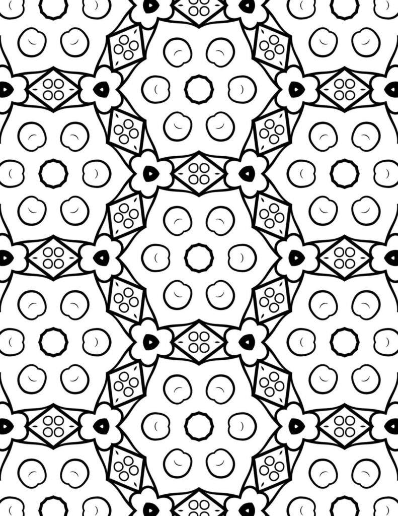Free printable Zen Circles mandala coloring page with repeating hexagons, open circles, and organic patterns for mindful relaxation