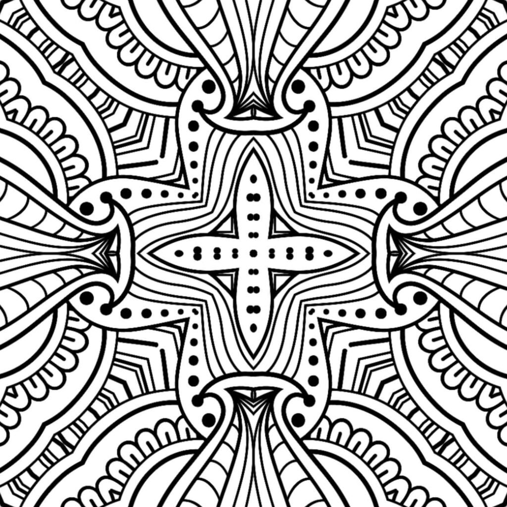 Highly detailed black and white mandala with organic shapes, dotted patterns, and flowing lines, perfect for advanced coloring and meditation.