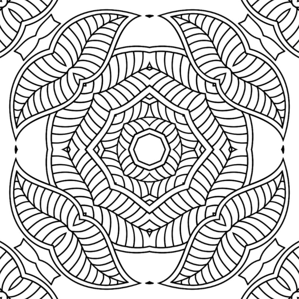 Bold geometric leaf labyrinth mandala coloring page with intricate layered patterns, perfect for advanced meditation and focus.