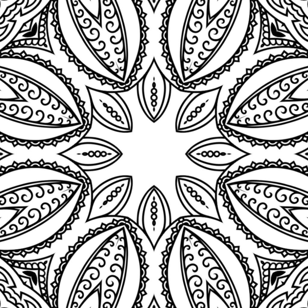 Detailed black and white mandala with a central star-shaped void, surrounded by large, ornate leaves filled with elegant scroll patterns, perfect for mindful coloring.
