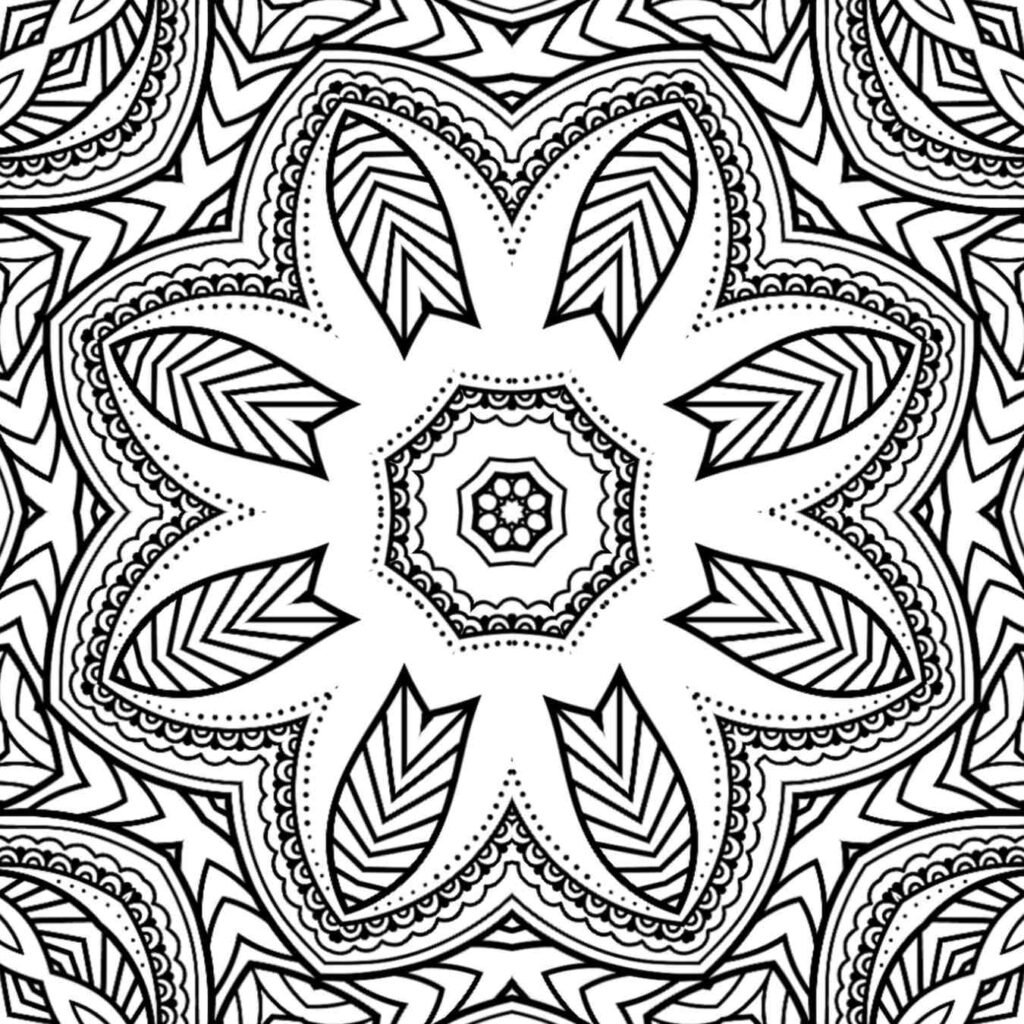 Highly detailed black and white mandala with a small central floral motif, surrounded by large, ornate petals with striped patterns and intricate dotted borders, perfect for advanced coloring and meditation.