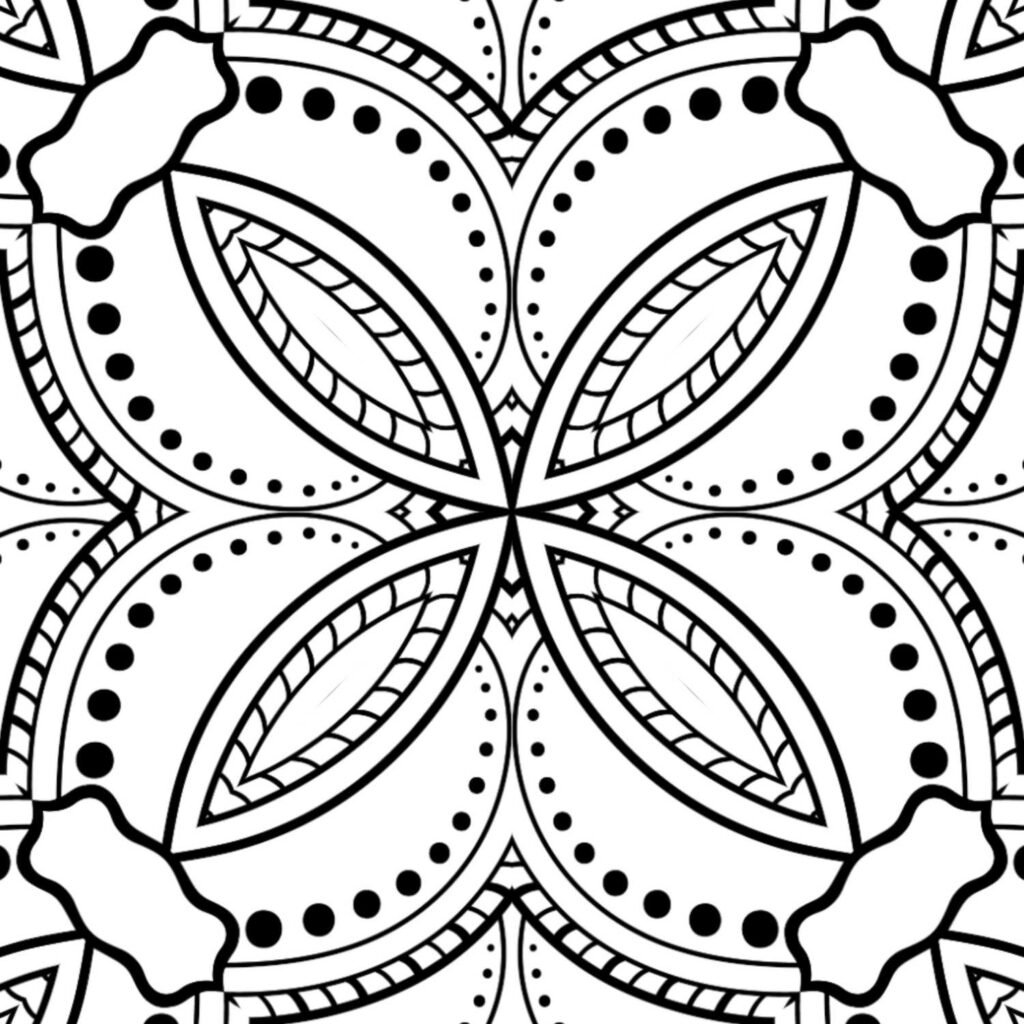 Zen petal mandala coloring page, symmetrical design, dots and lines, stress relief activity