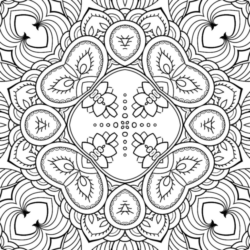 Beautiful botanical mandala coloring page with tree symbols and flowing patterns for meditation