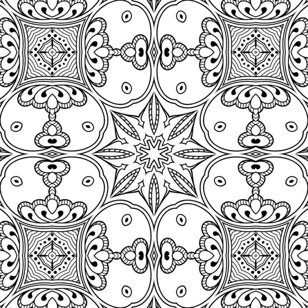 Detailed mandala coloring page with central starburst and symmetrical floral patterns for stress relief and creativity.