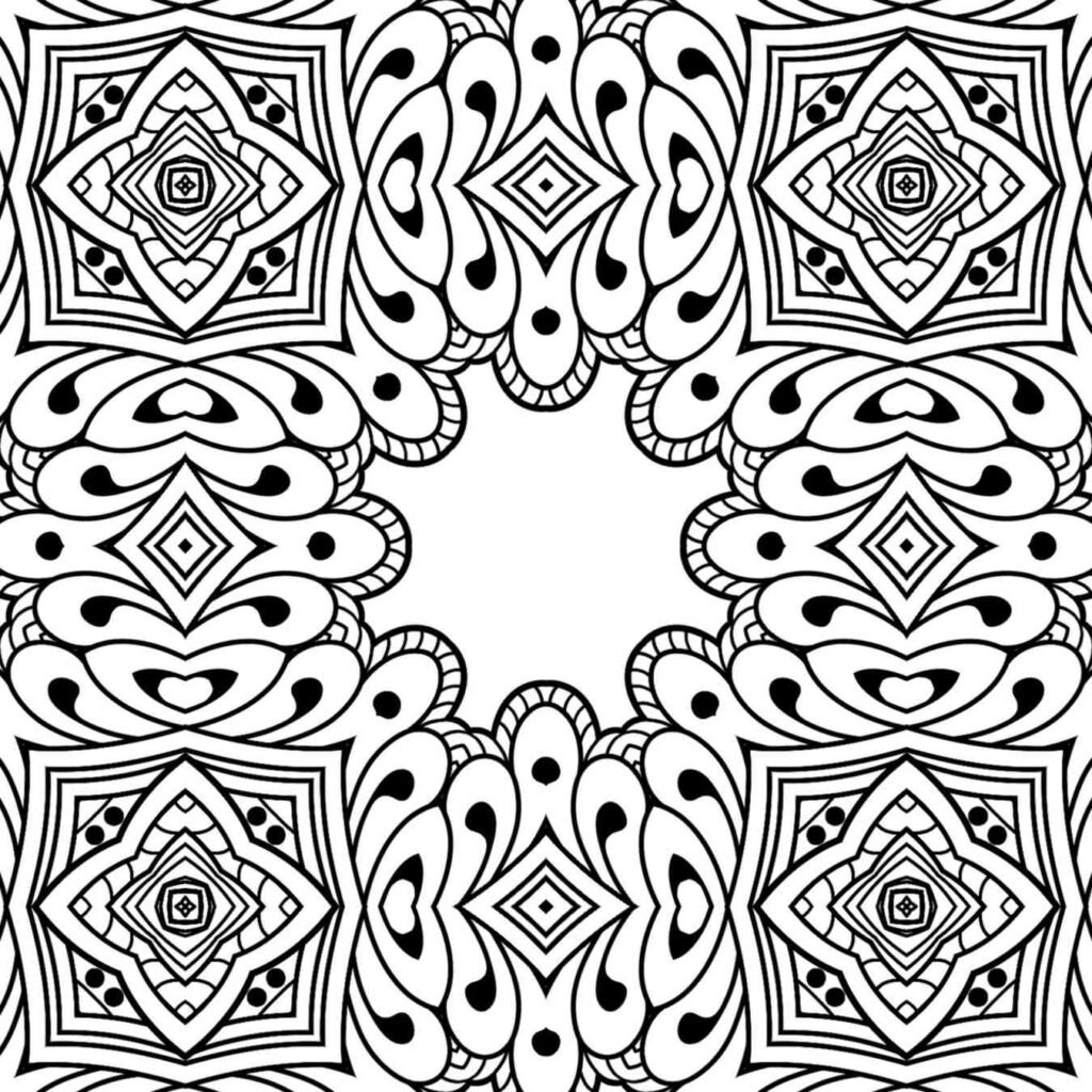 Zen Square Mandala with Central Square, Rippling Lines, and Elegant Floral Motifs for Adult Coloring, Free Download