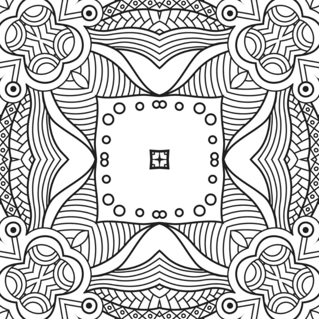 Zen Square Mandala with Central Square, Rippling Lines, and Elegant Floral Motifs for Adult Coloring, Free Download