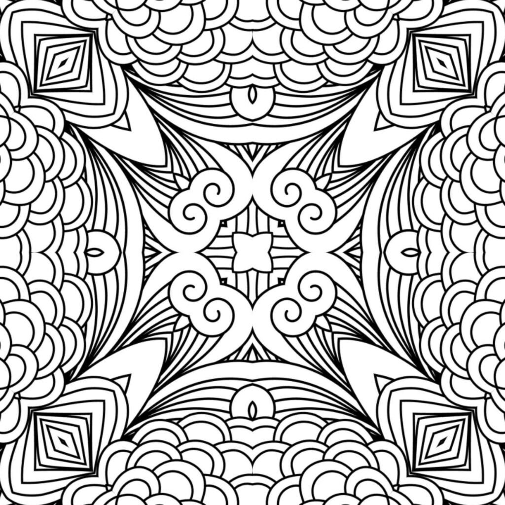 Symmetrical square mandala design featuring bold swirls, detailed scalloped patterns, and intricate geometric elements, ideal for meditative coloring.