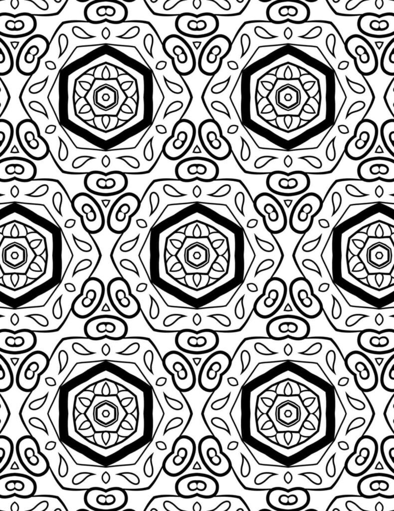 Detailed Zen Weave mandala with interlocking hexagons, intricate floral centers, and flowing organic connectors, perfect for mindful coloring and relaxation.